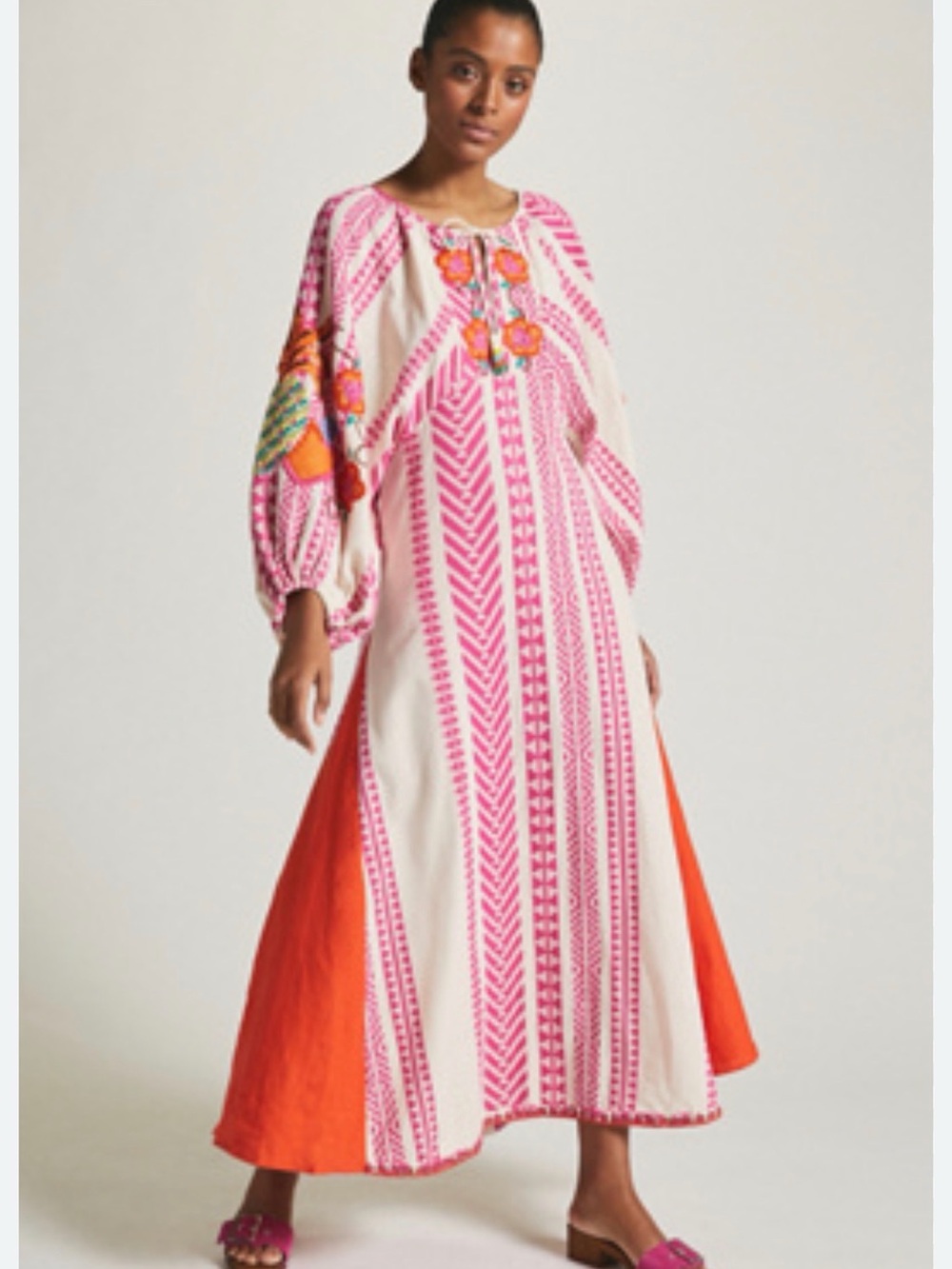 Farm Rio Embroidered Pink & Orange Maxi Dress